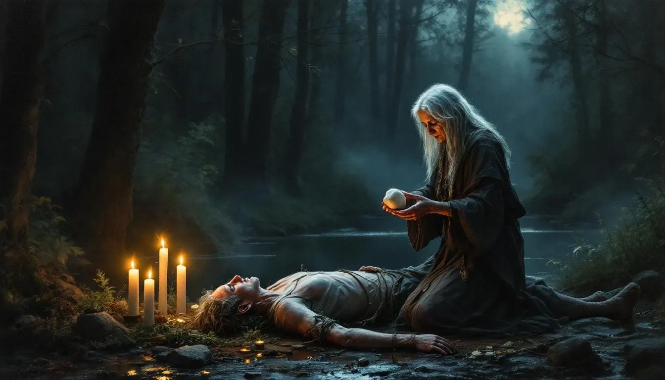 A great white stone upon which the roots of an enormous oak tree grip tightly, surrounded by the shimmering waters of a mythical ocean