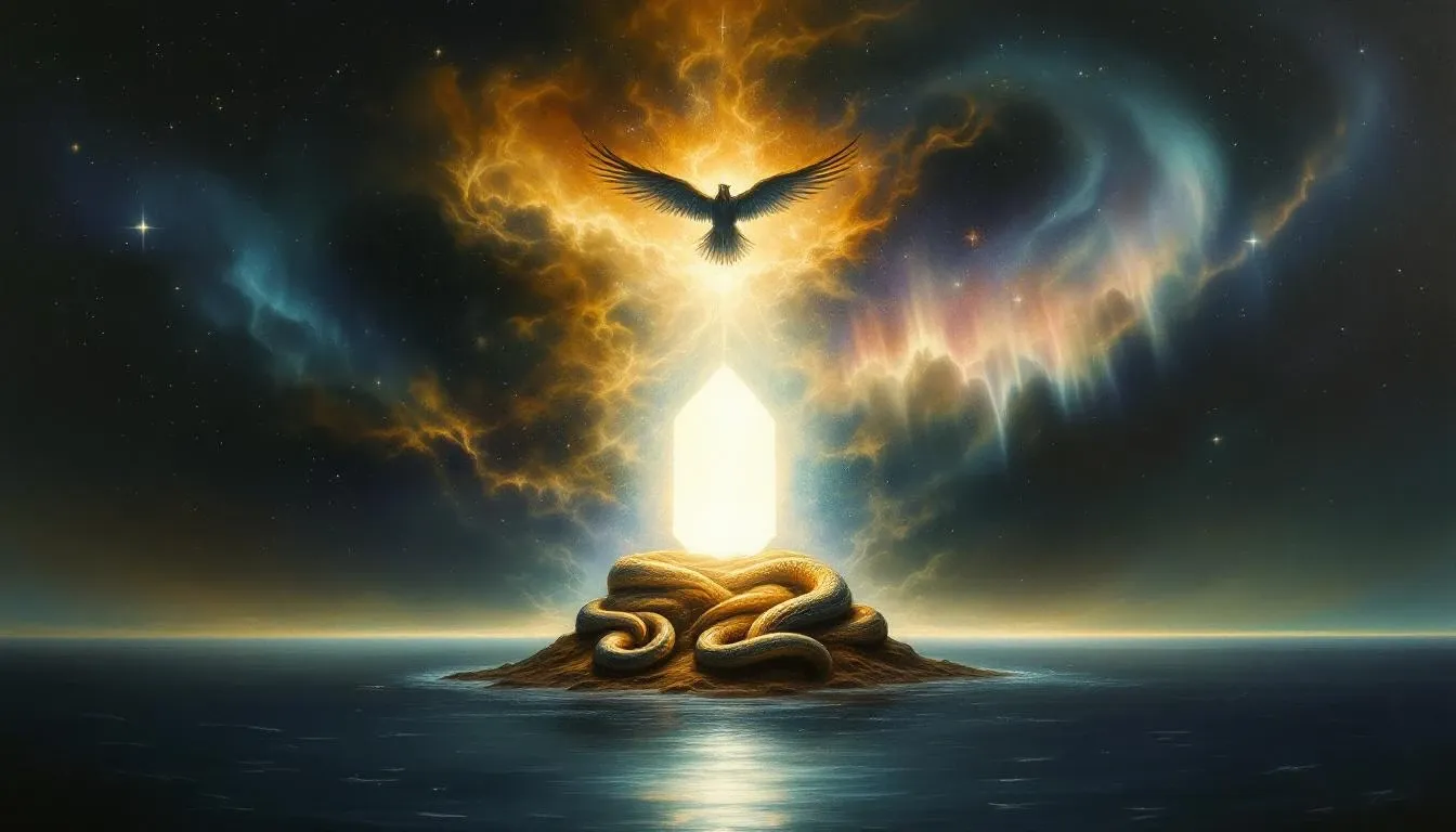 Healing waters flowing from beneath a massive radiant stone on a misty island, catching the pale light of dawn as they cascade into streams that divide and flow outward in all directions