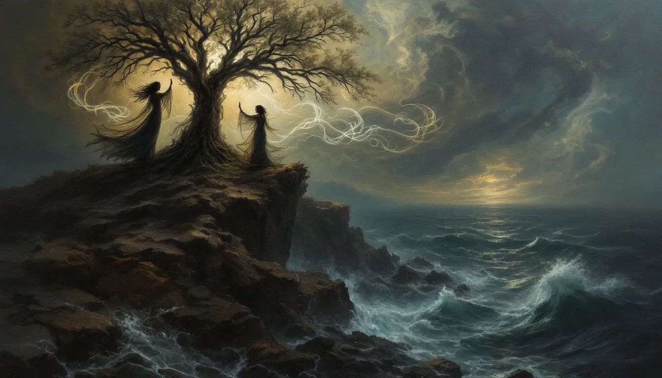 The sacred Alatyr stone on Buyan Island, beneath the World Oak, surrounded by dark ocean waters