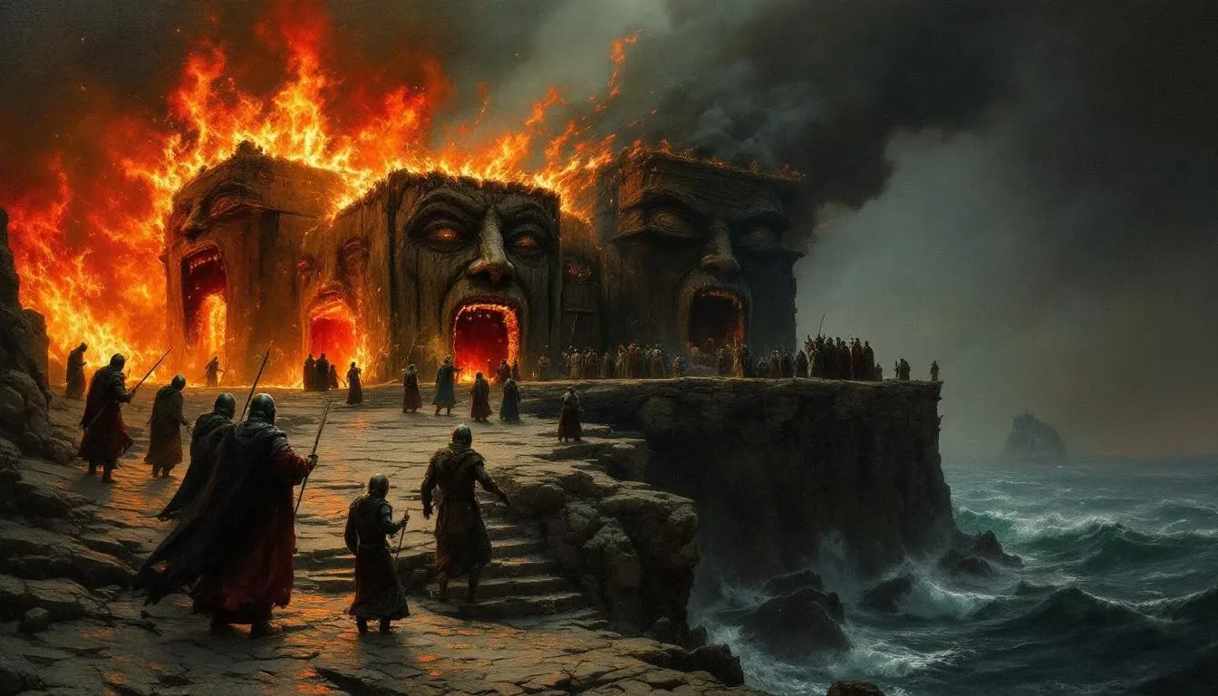 Dark ocean waters surrounding the mythical island of Buyan, with the great oak visible against a twilight sky