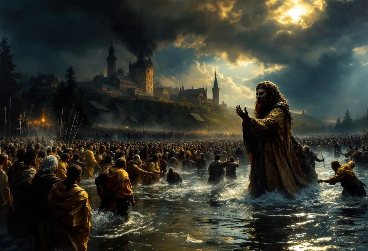 The mass baptism of Kievan Rus — reluctant pagans wade into the Dnieper as Orthodox priests perform rites and the idol of Perun is dragged away