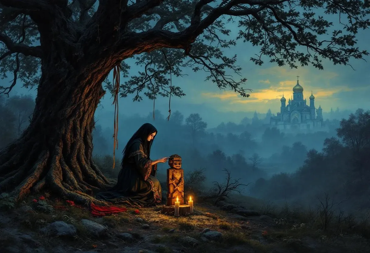A Slavic woman prays at a hidden forest shrine with a small carved pagan idol while a distant Orthodox church dome gleams through the trees — the reality of dvoeverie