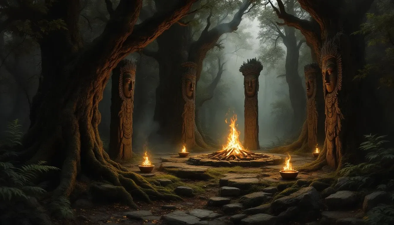 Ancient Slavic sacred grove with carved wooden idols of the pantheon standing among lightning-scarred oaks