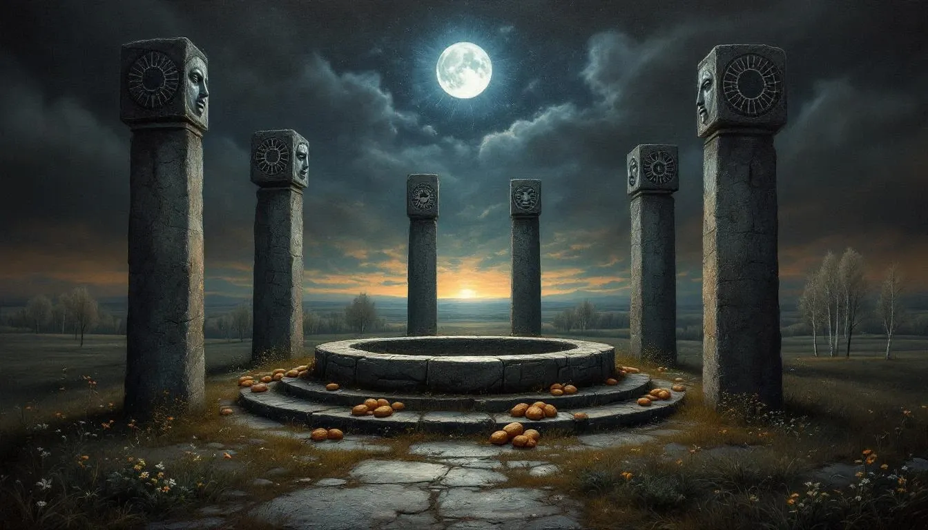 Stone circle of Slavic deity idols at twilight, with runic carvings and offerings of grain at their feet