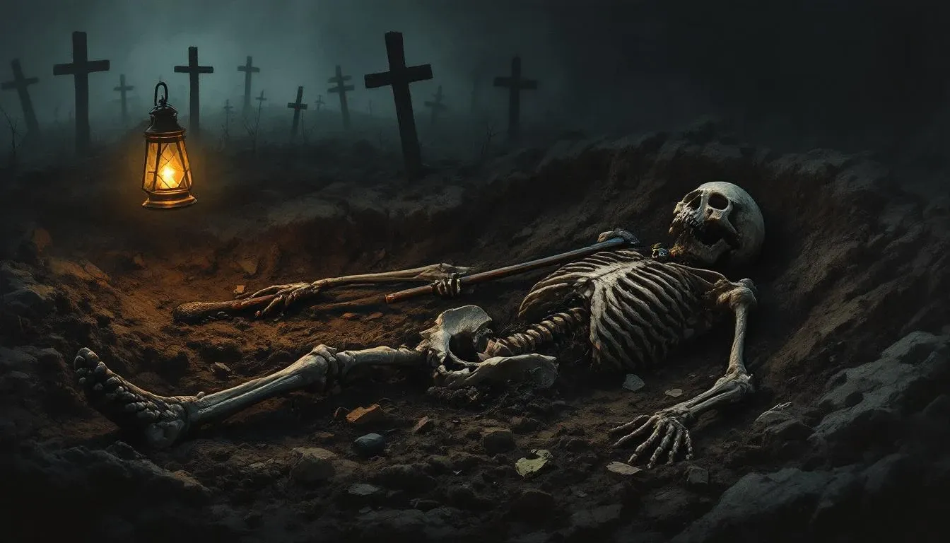 A skeleton in a Polish archaeological excavation with a sickle placed across the throat — an anti-vampire burial from the 17th century