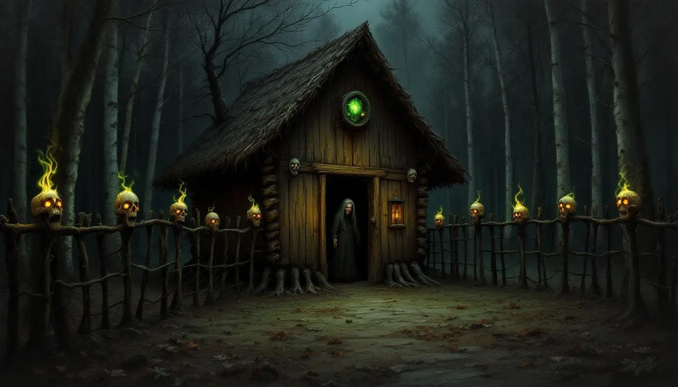 Baba Yaga's hut on chicken legs surrounded by a fence of human bones topped with glowing skulls in a dark forest clearing