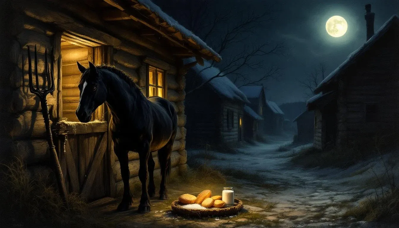 Illustration of the Dvorovoy lurking in the shadows of a traditional Slavic barn, dark-coated livestock resting peacefully while a white horse stands nervously in the corner