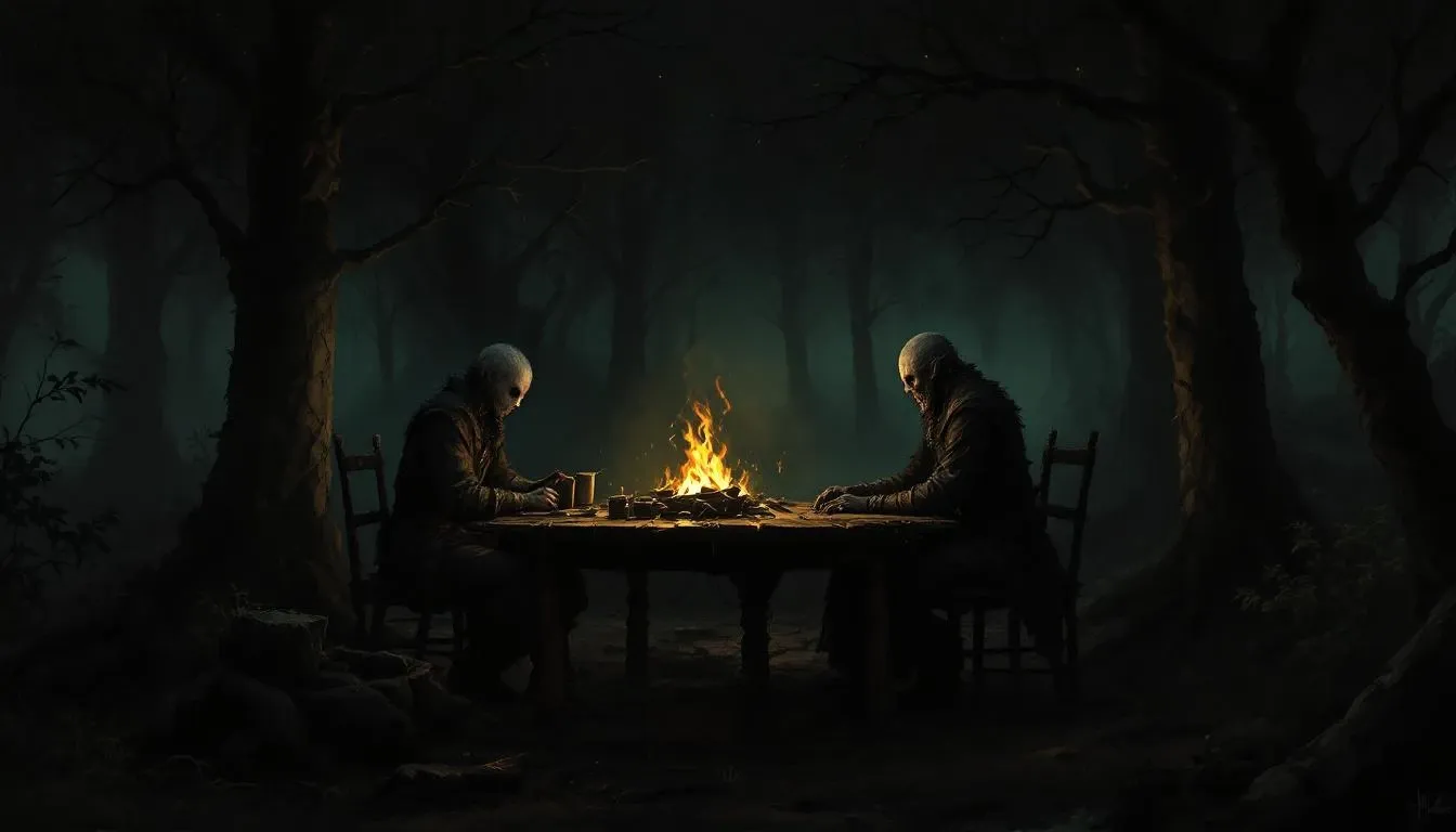 A one-eyed gaunt figure in dark robes standing at the edge of a dark forest