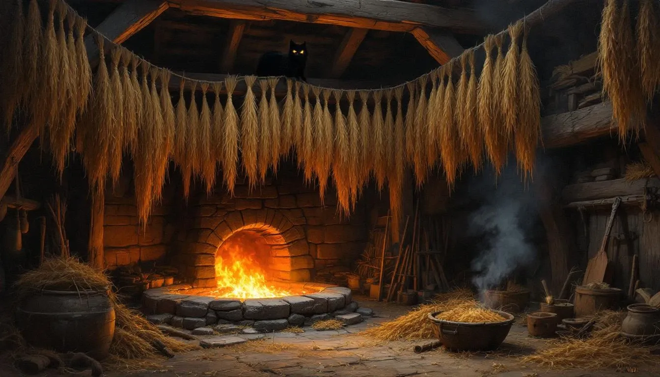 Illustration of the dark interior of a Slavic threshing barn with embers glowing in the pit furnace below