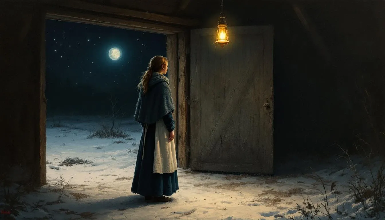 A rooster sacrifice ritual at the threshold of a dimly lit Slavic threshing barn with blood sprinkled in the corners