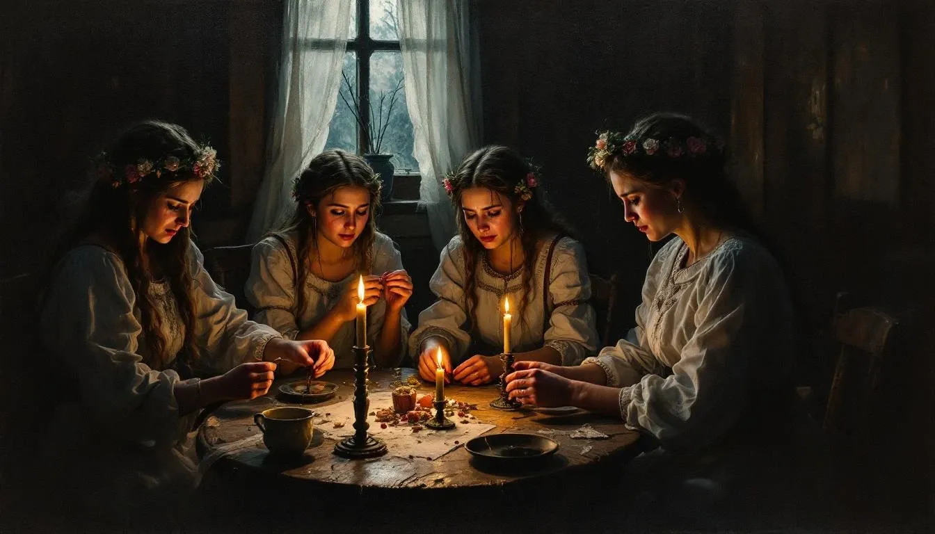 Illustration of women baking the korovai wedding bread by firelight, decorating it with dough birds and solar symbols