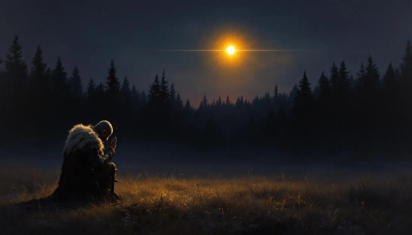 A radiant star glowing above a dark forest horizon at twilight, with faint constellations including Ursa Minor visible in the deepening sky