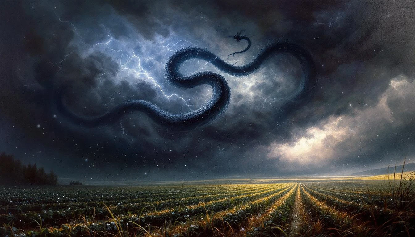 A massive dark serpentine storm demon coiling through black thunderclouds above farmland