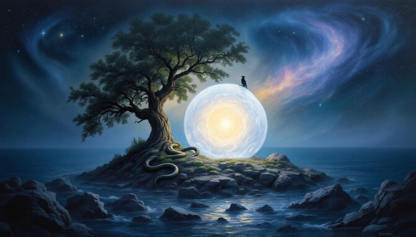 A radiant white stone sits on the shore of a mythical island surrounded by a vast primordial ocean, with ancient Slavic runes glowing on its surface