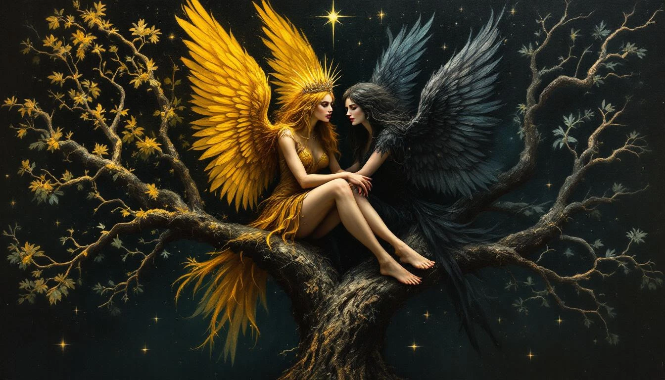 Two mythical Slavic paradise birds with women faces perched on the World Tree