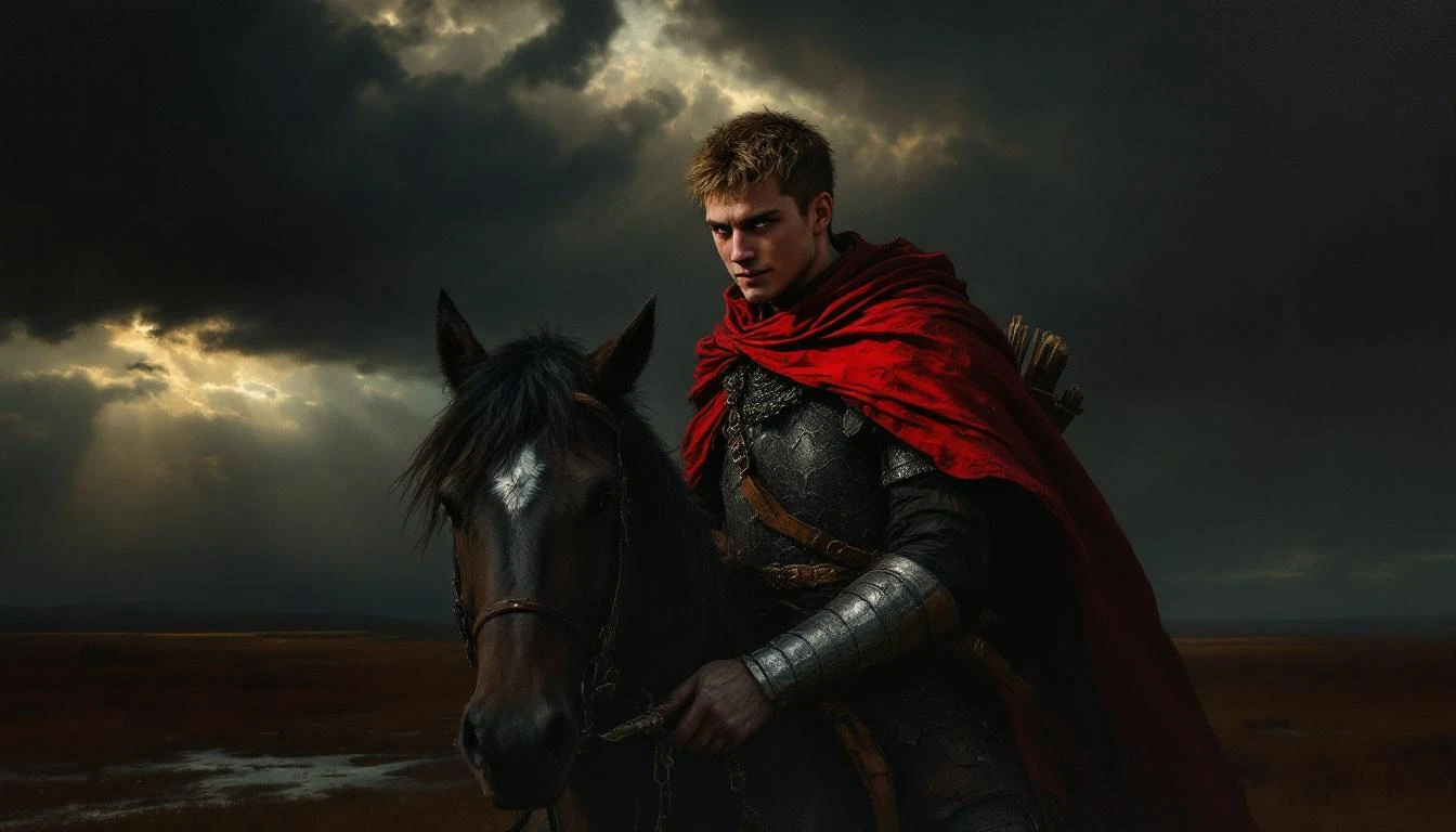 A young cunning Slavic warrior with a sly grin wearing light armor and holding a bow