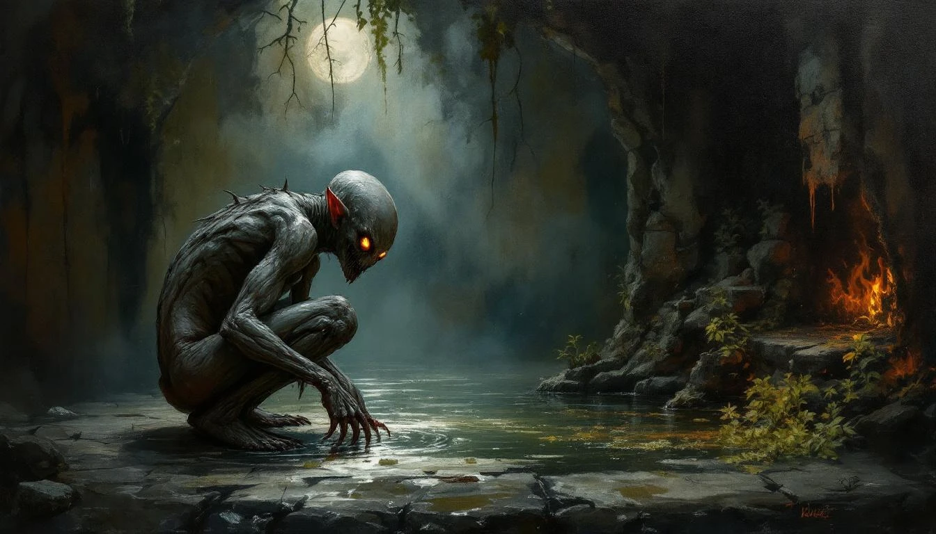 A small bald imp with horns crouching in the mist above dark swamp water, duck-like feet barely visible beneath its twisted body