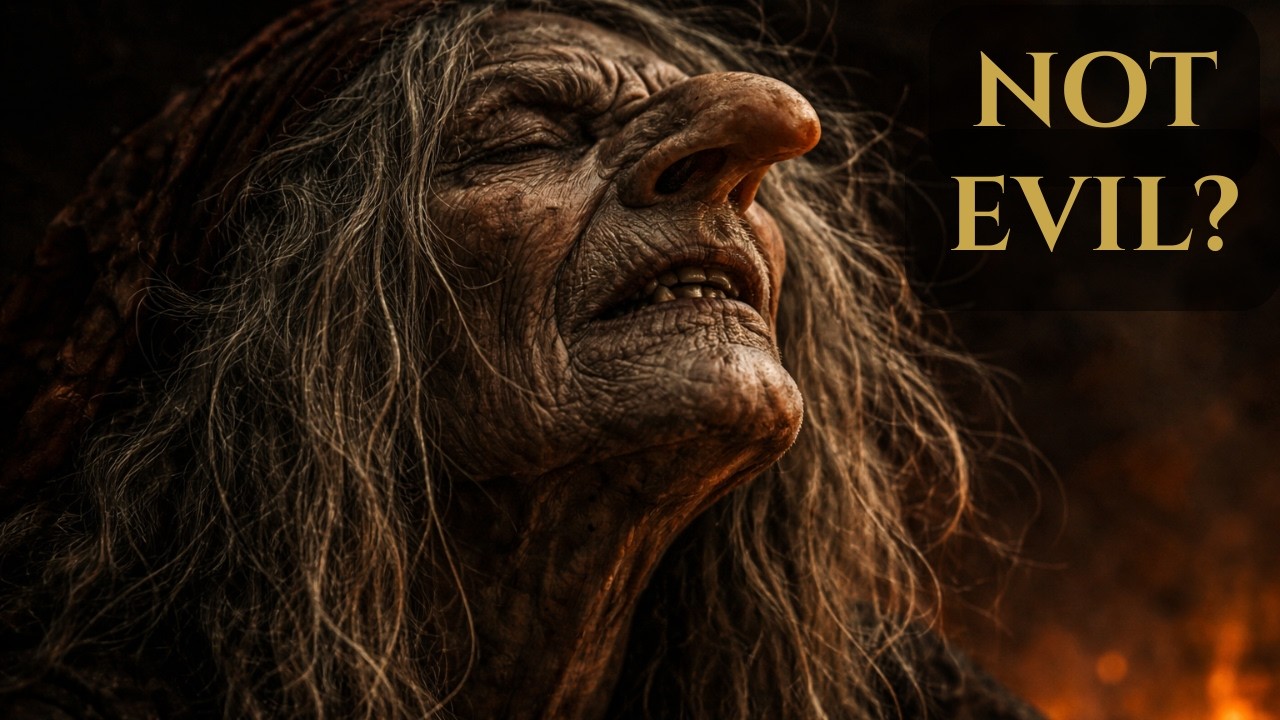 A dark, ancient woman with wild hair emerging from shadows in a misty forest