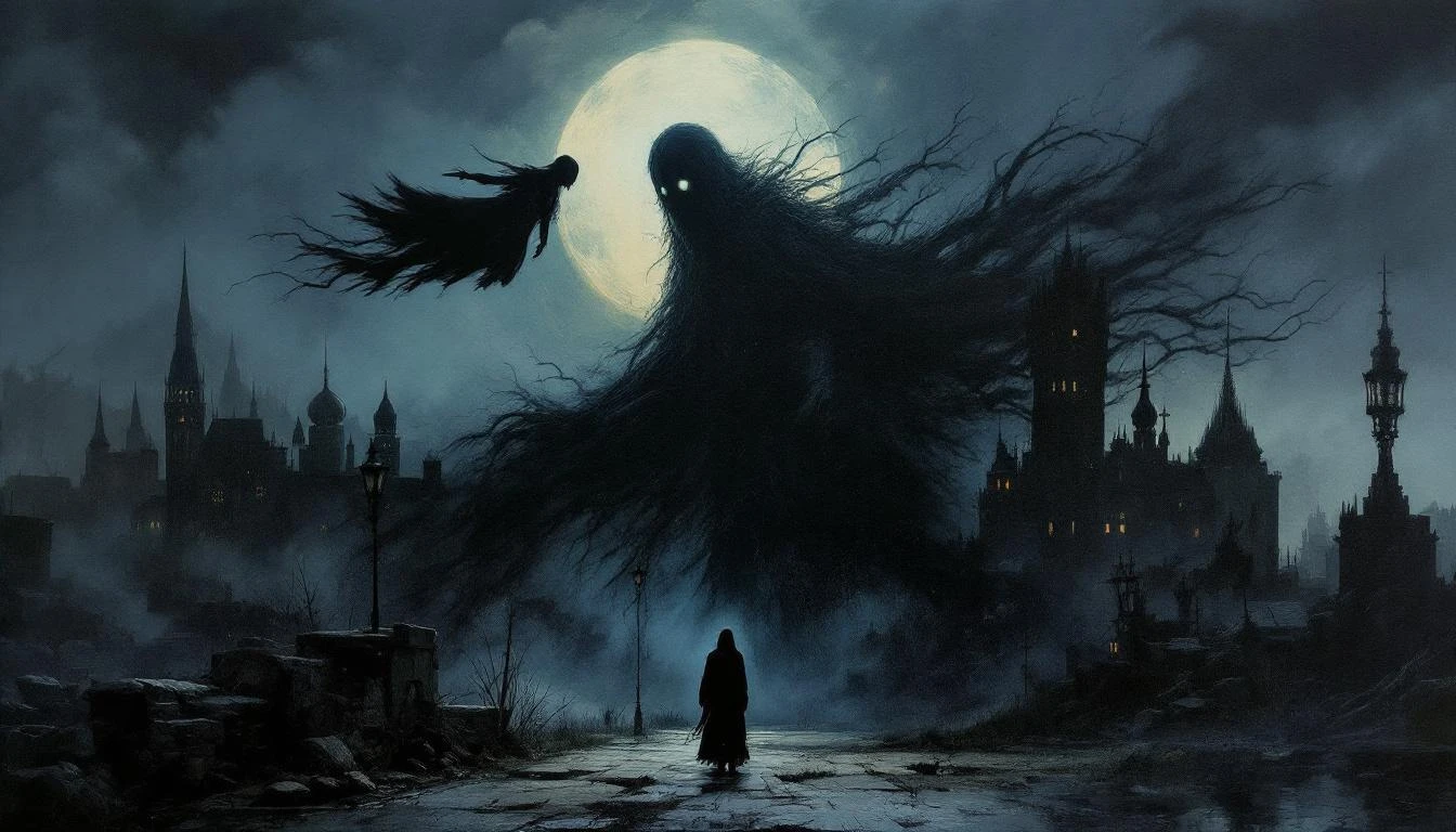 A dark atmospheric scene blending Baba Yaga folklore with modern pop culture imagery