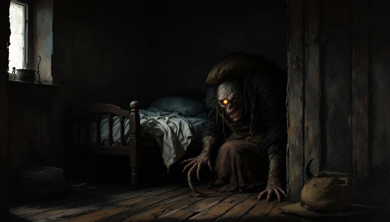 A hunched old woman with a horn on her knee lurking under a child bed in darkness
