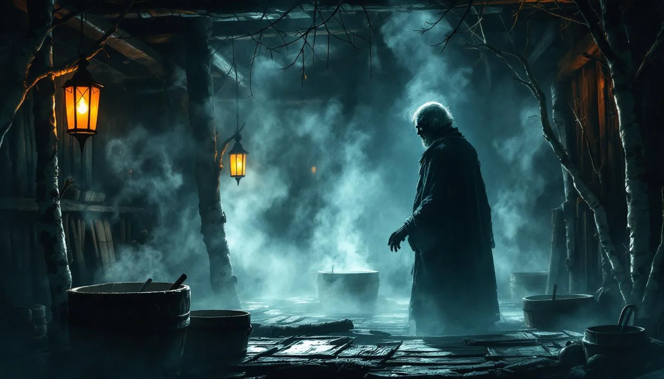 The Bannik spirit, a dark old man lurking in a traditional Slavic bathhouse