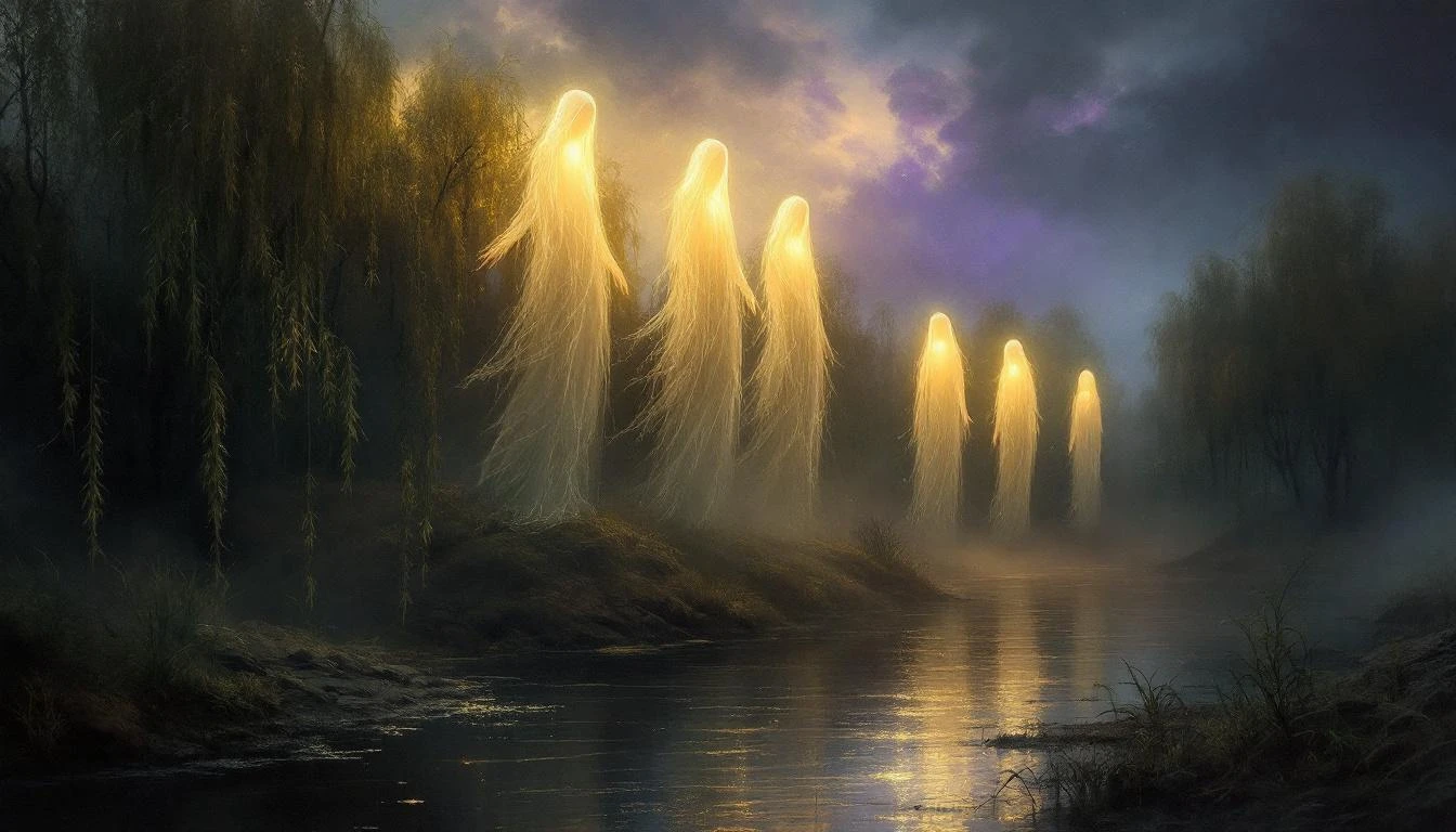 Ethereal female guardian spirits hovering protectively over a Slavic river at twilight