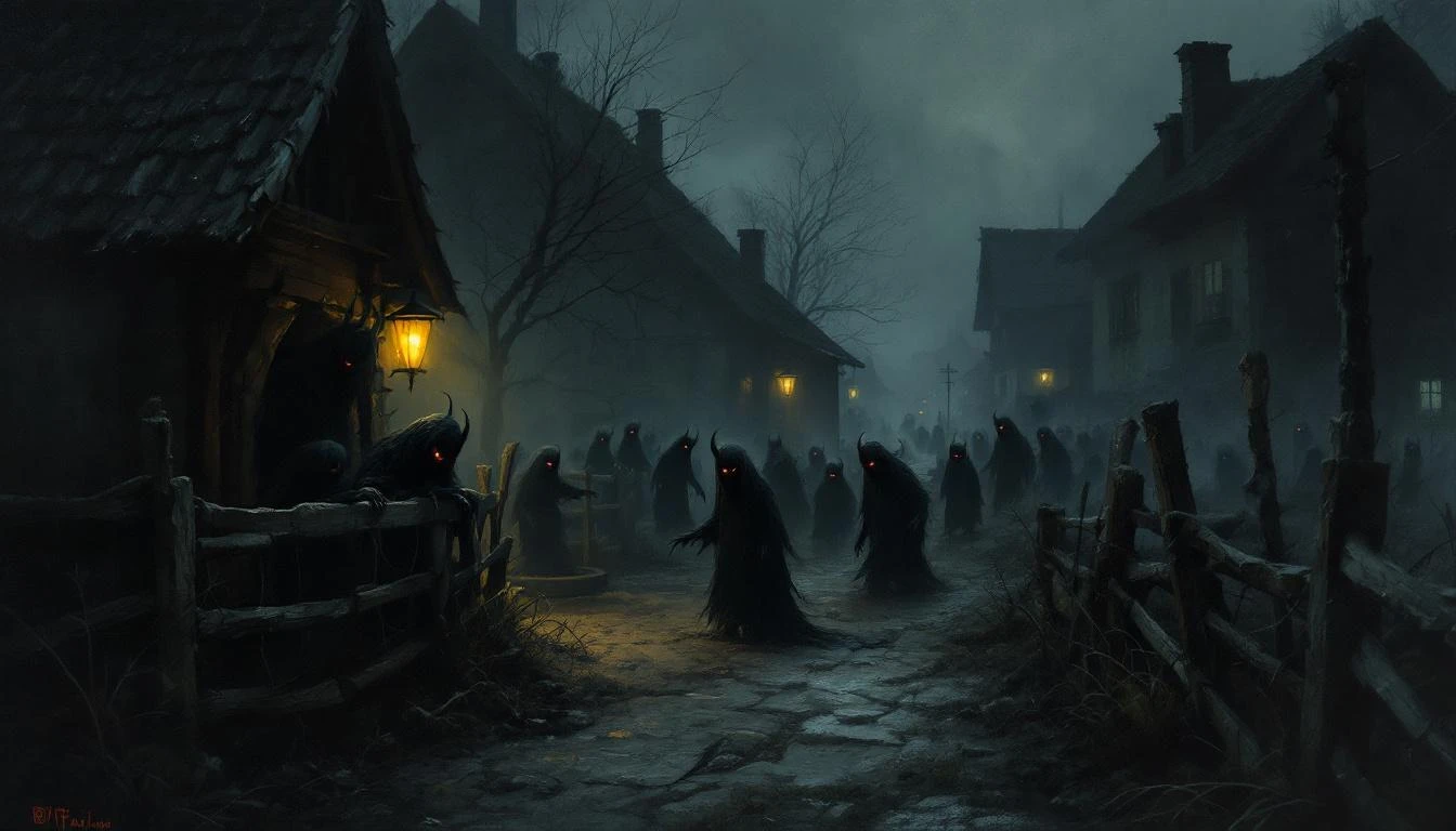Multiple small dark demonic figures swarming in shadows of a Slavic village at dusk
