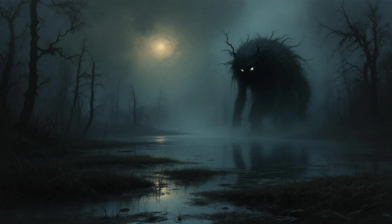 A dark muddy creature lurking beneath the surface of a misty Slavic swamp at night