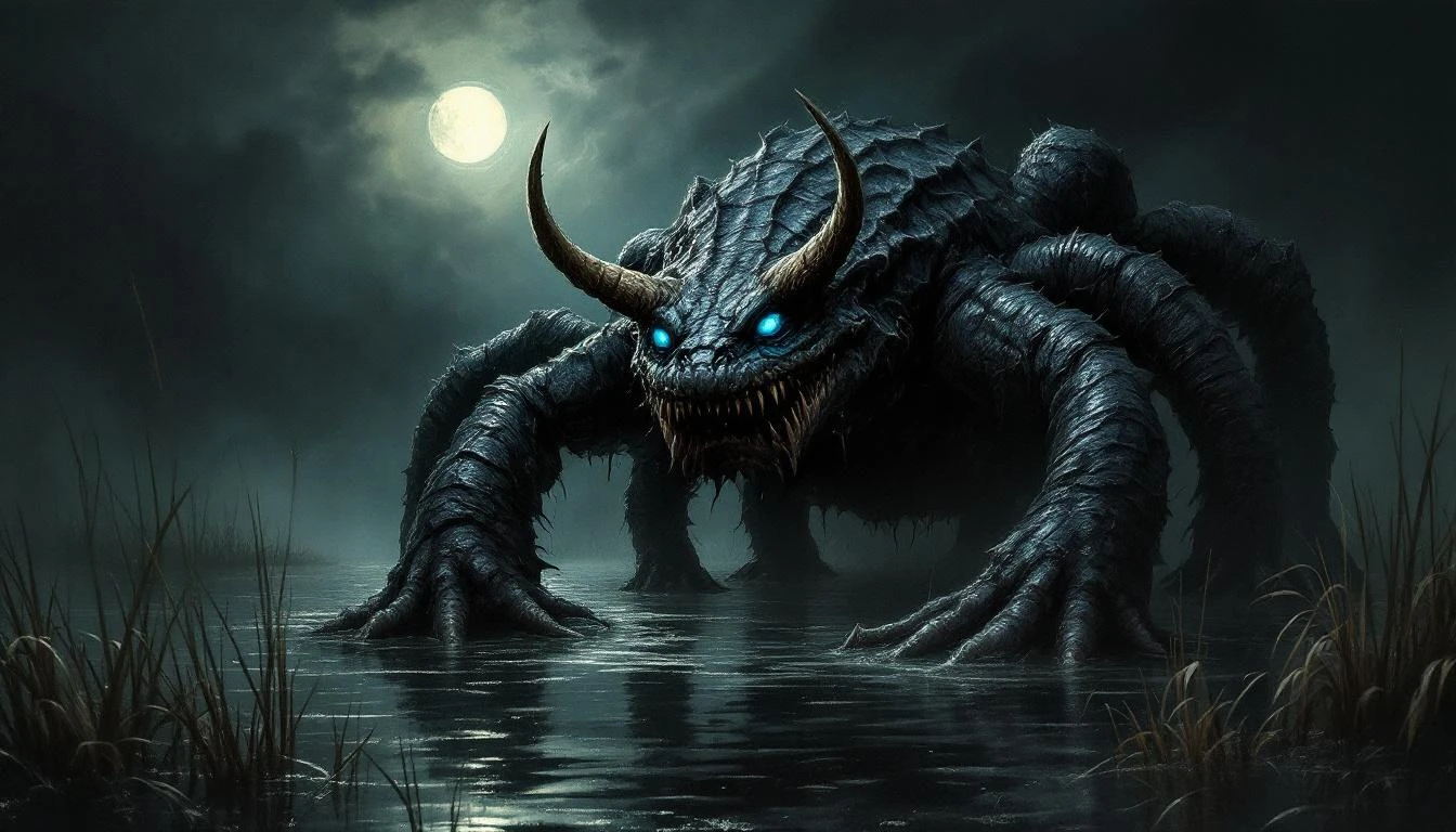 A six-legged horned creature emerging from a dark Serbian lake at night, with glowing blue eyes reflected in the still water