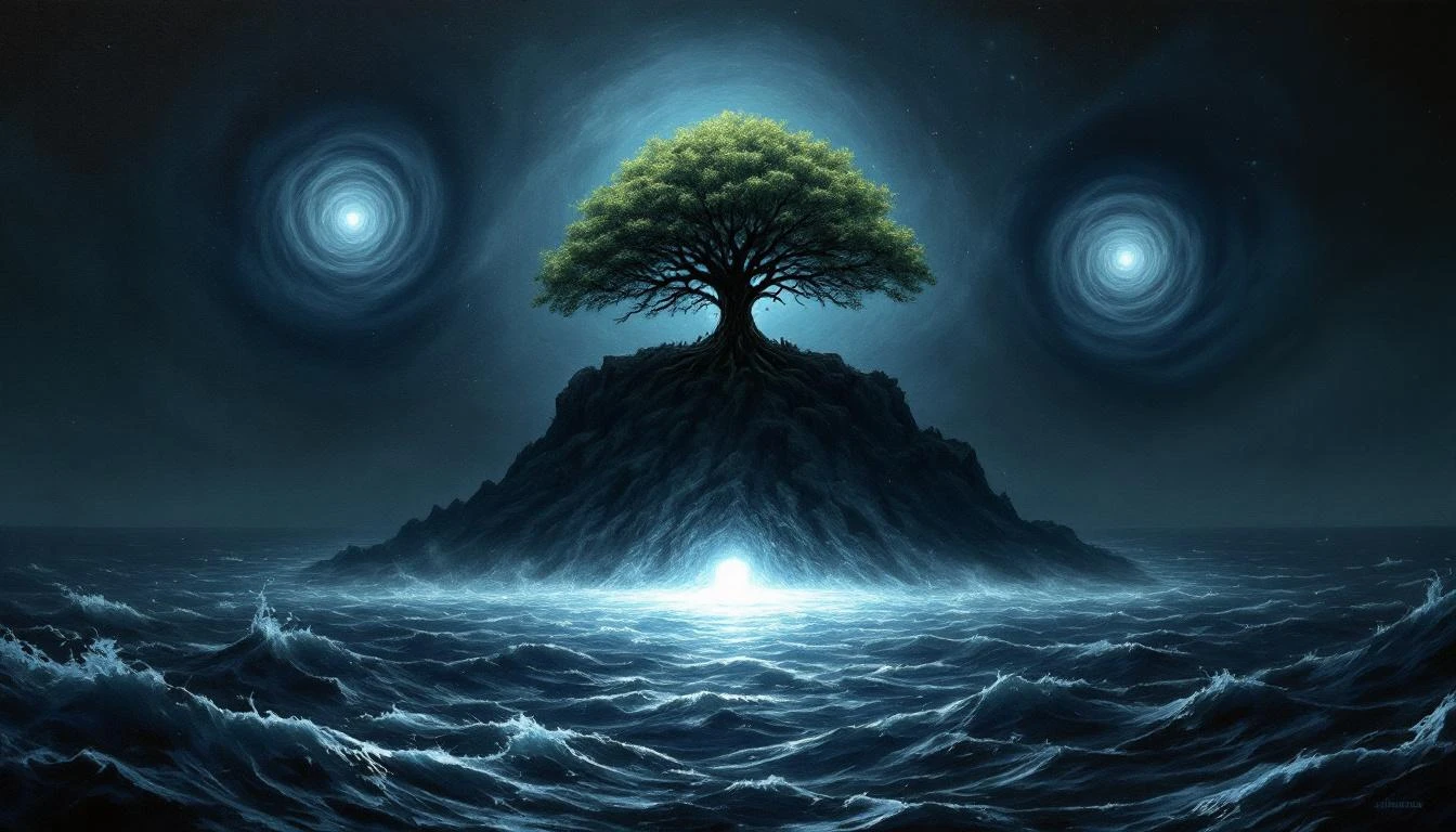 A mythical island rising from a dark ocean under a stormy sky, with a great oak and a glowing white stone at its center