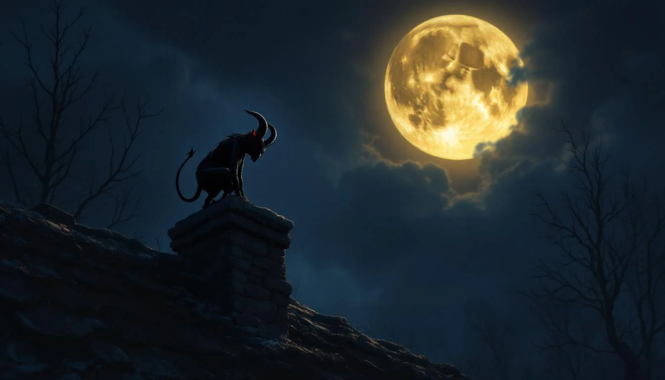 A horned goat-like Slavic devil silhouetted against a golden moon at a crossroads