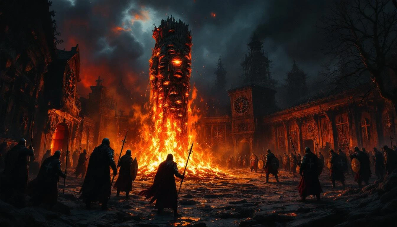 A burning Slavic pagan temple collapses as Christian crusaders watch the destruction of carved wooden idols in the firelight