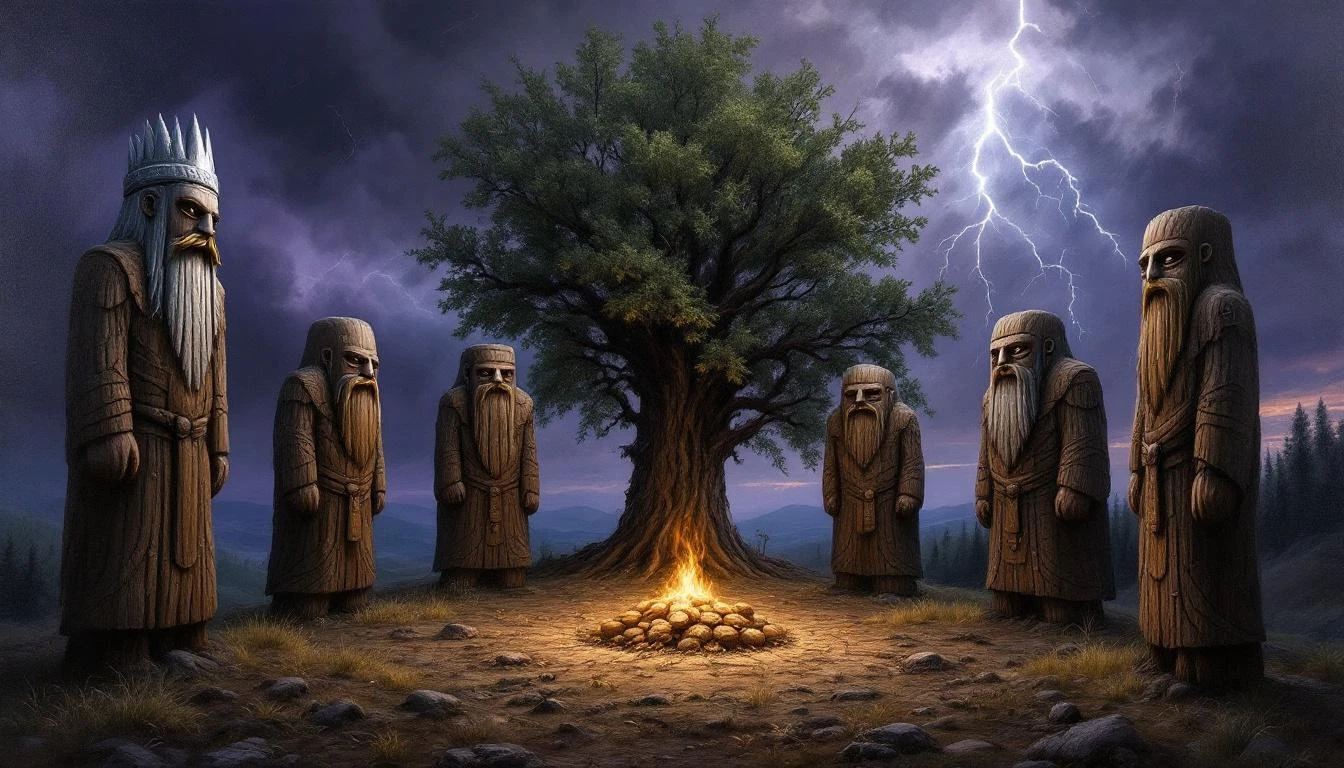 Ancient stone idols of the Slavic pantheon standing in a circle beneath a storm-lit sky