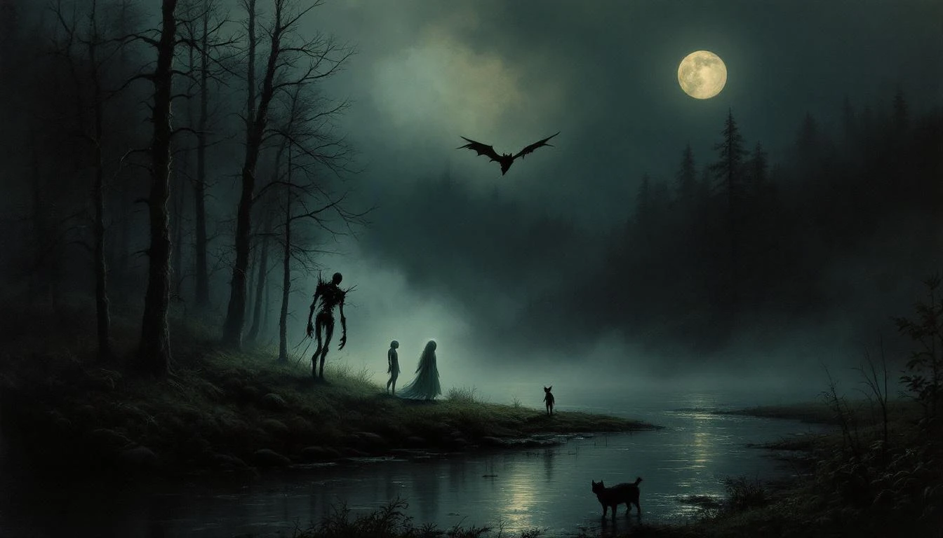 A shadowed bestiary page depicting various creatures of Slavic folklore emerging from darkness — forest spirits, water beings, and winged serpents