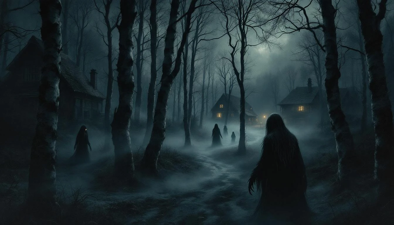 A terrifying dark scene from Eastern European folklore with shadowy figures in a misty forest