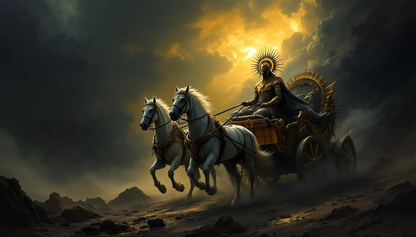 Dazhbog the Slavic sun god riding a golden chariot pulled by white horses across the sky