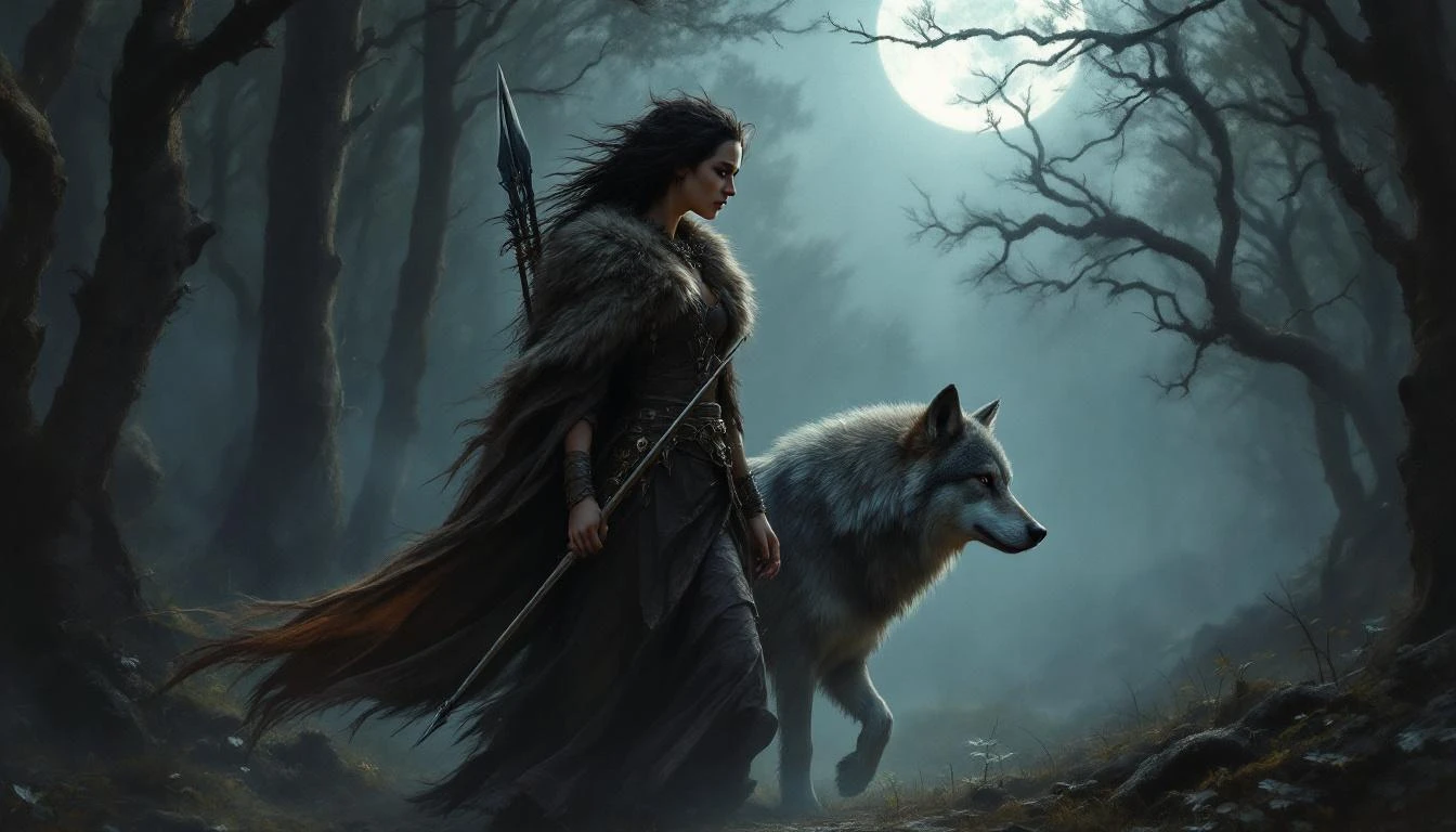 Devana, the Slavic goddess of the hunt, standing in a dark ancient forest with a bow and a wolf at her side