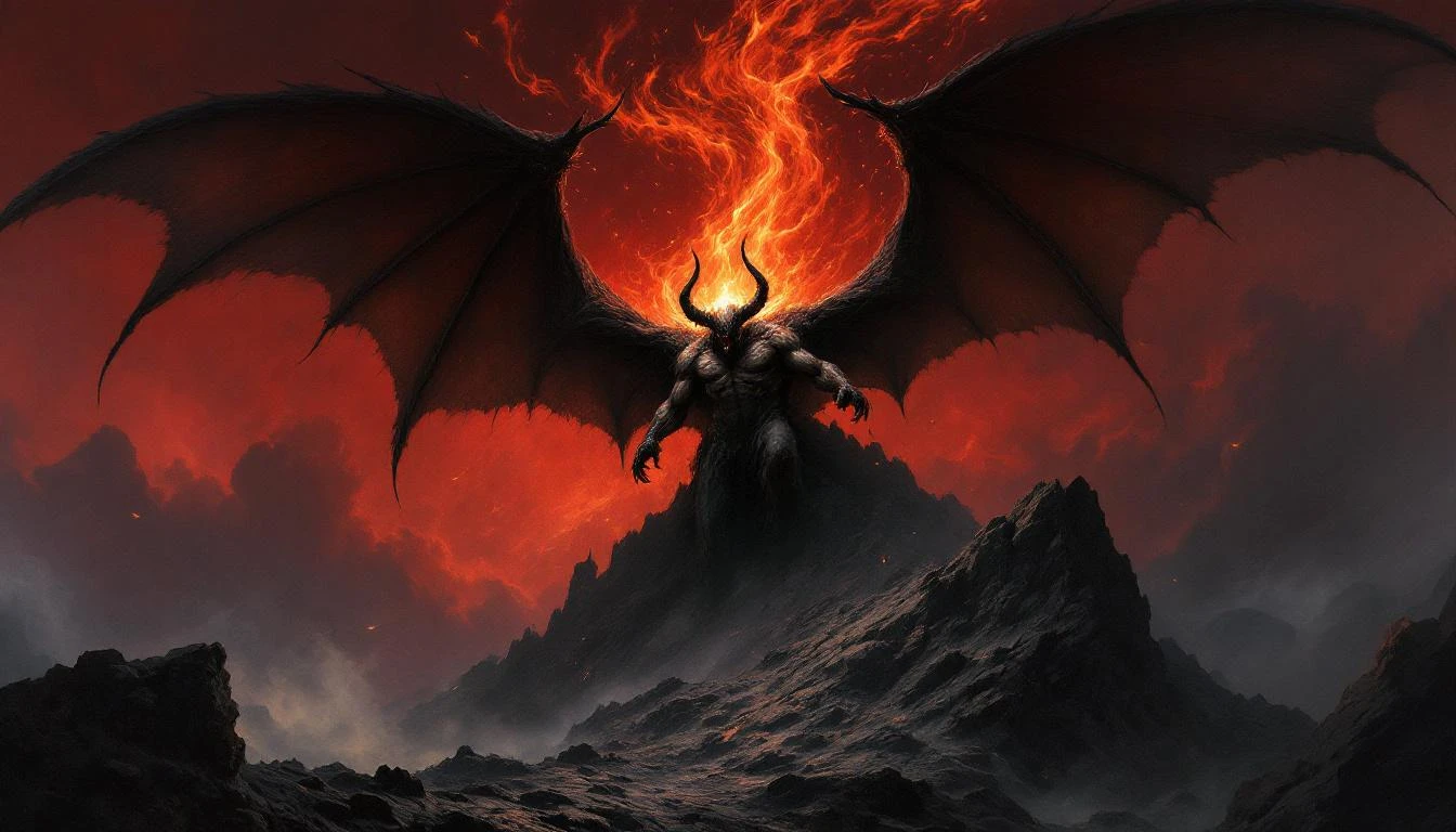 A dark silhouette of a winged demon rising from a mountain peak, inspired by Slavic folklore and Disney animation