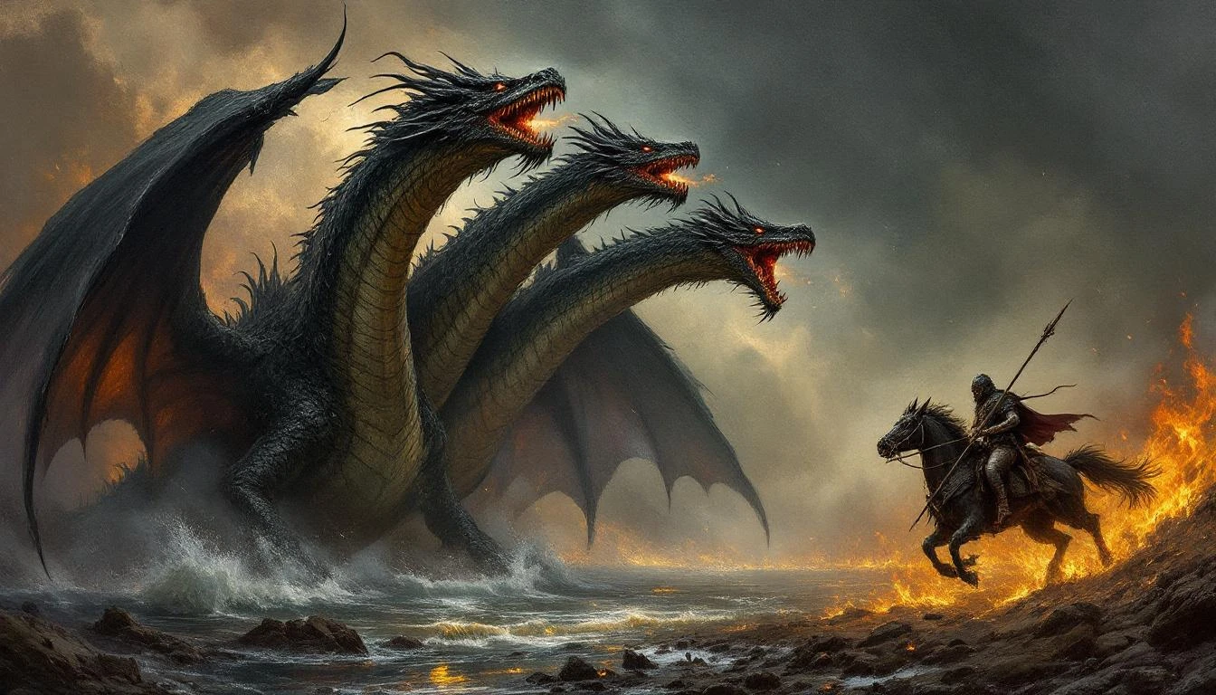 The Slavic bogatyr Dobrynya Nikitich on horseback fighting the three-headed dragon Zmey Gorynych