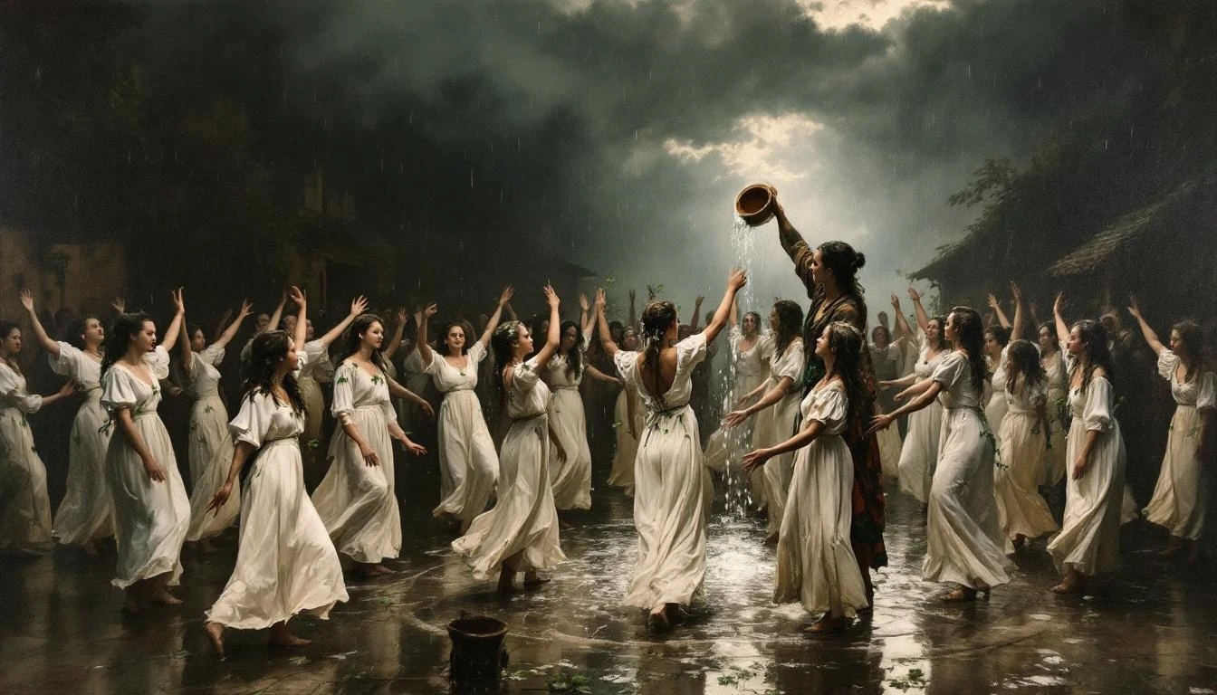 Young women in wet white dresses dancing in a village courtyard while being doused with water