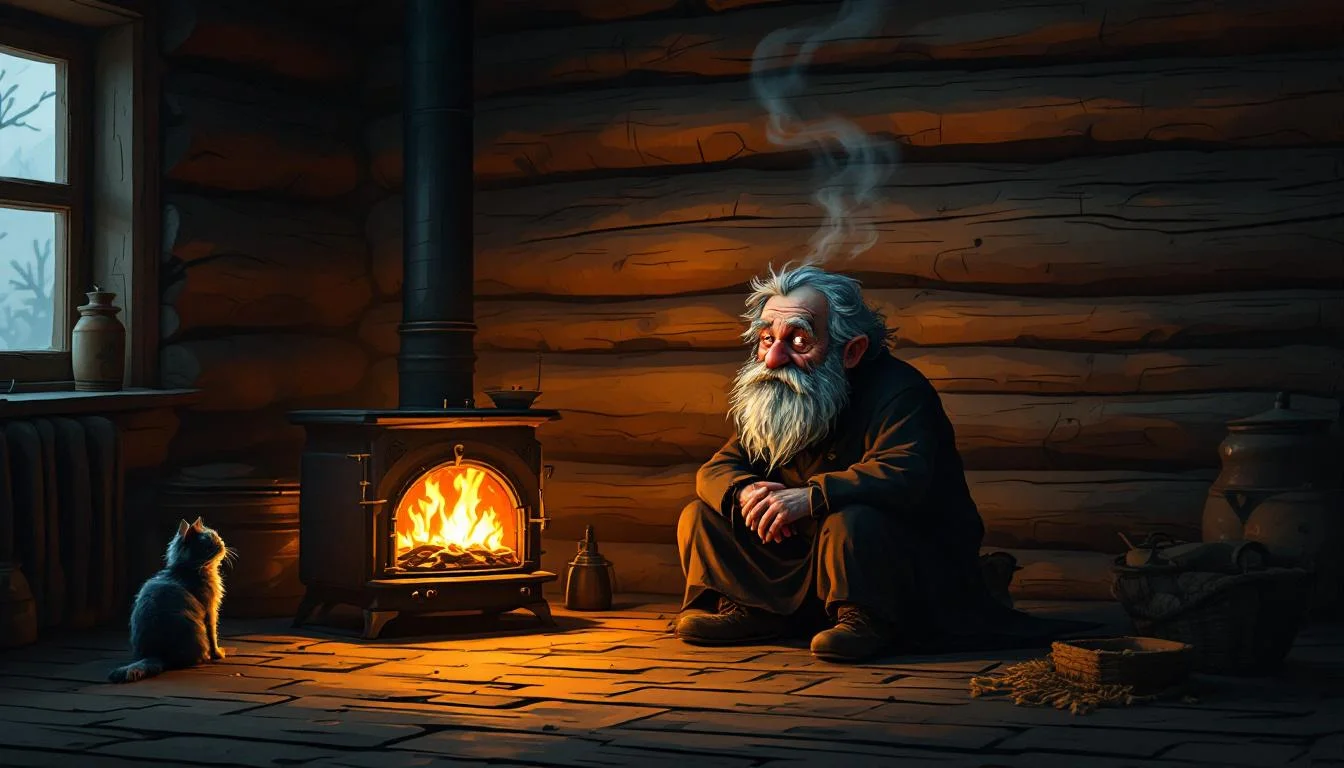 A small bearded old man sitting by a hearth in a Slavic log house with a cat