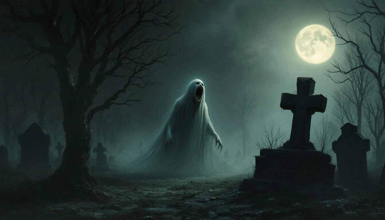 A pale ghostly child-like figure screaming in a dark Serbian graveyard at night