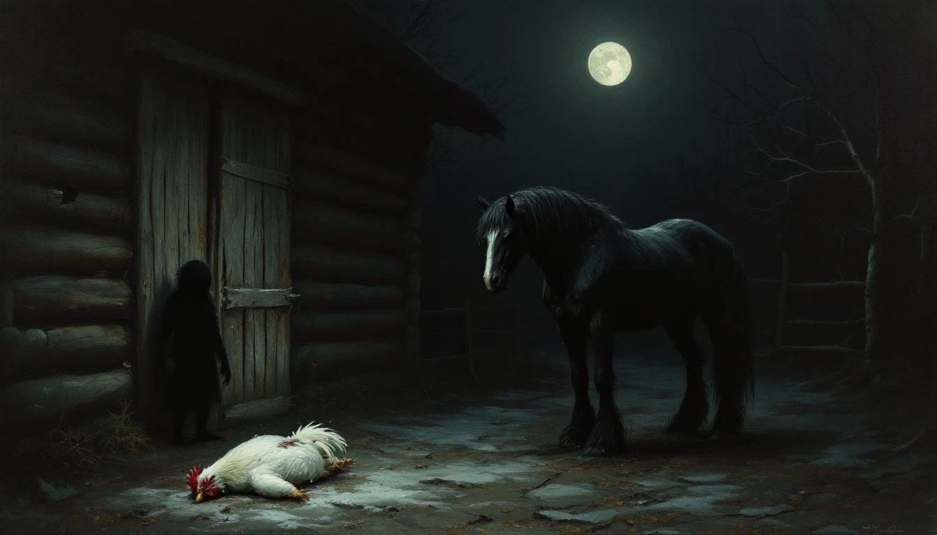 A shadowy figure with animal feet standing in a moonlit Slavic farmyard surrounded by dark-coated horses and goats