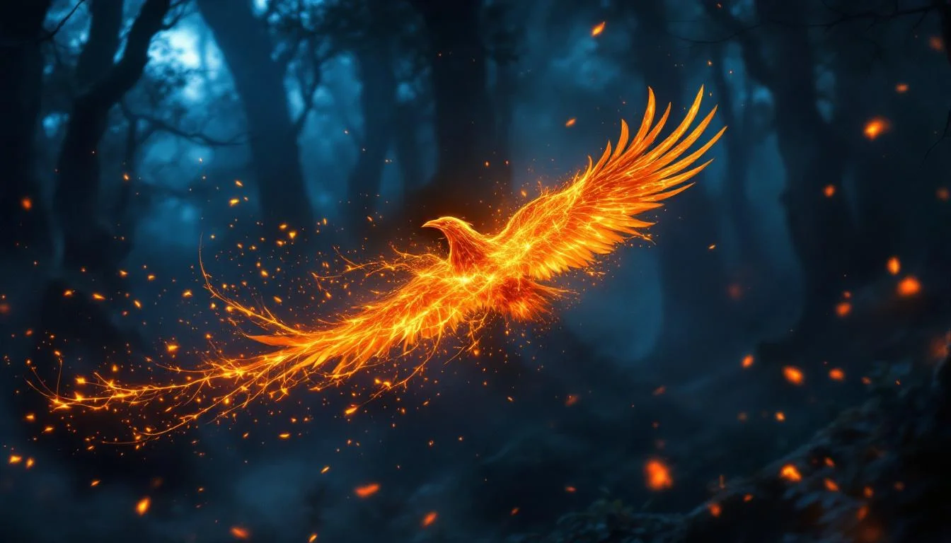 A magnificent blazing Firebird flying through a dark forest trailing golden sparks