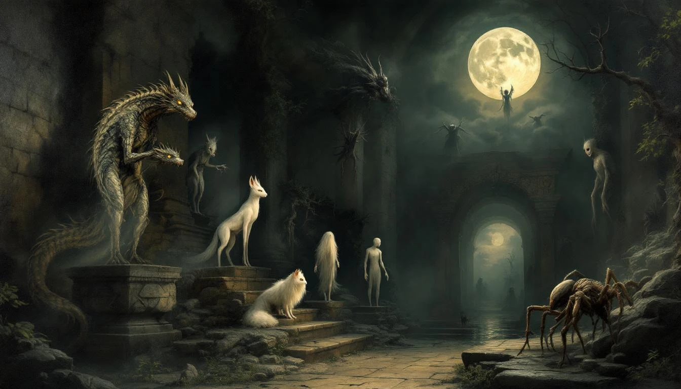 A dark gallery of mythological creatures from world folklore emerging from shadows