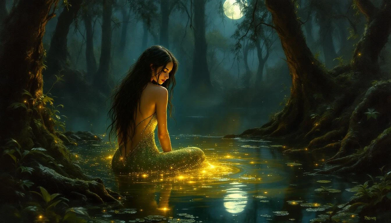 A beautiful woman emerging from a frog skin by a dark pond at moonlight