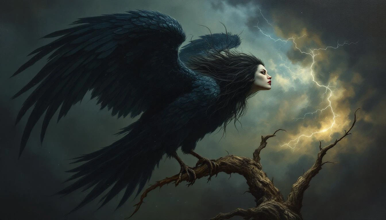 The Gamayun prophetic bird with a woman face perched on a dead branch against a stormy sky