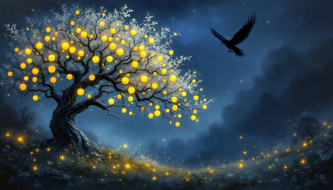Glowing golden apples on a silver tree in a dark enchanted garden