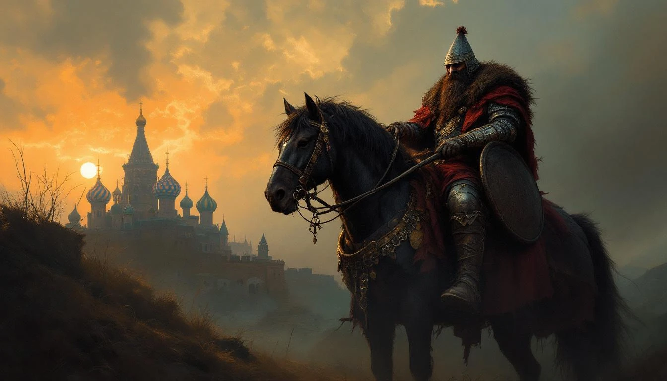 Slavic bogatyr Ilya Muromets in chain mail armor on horseback before onion-domed churches
