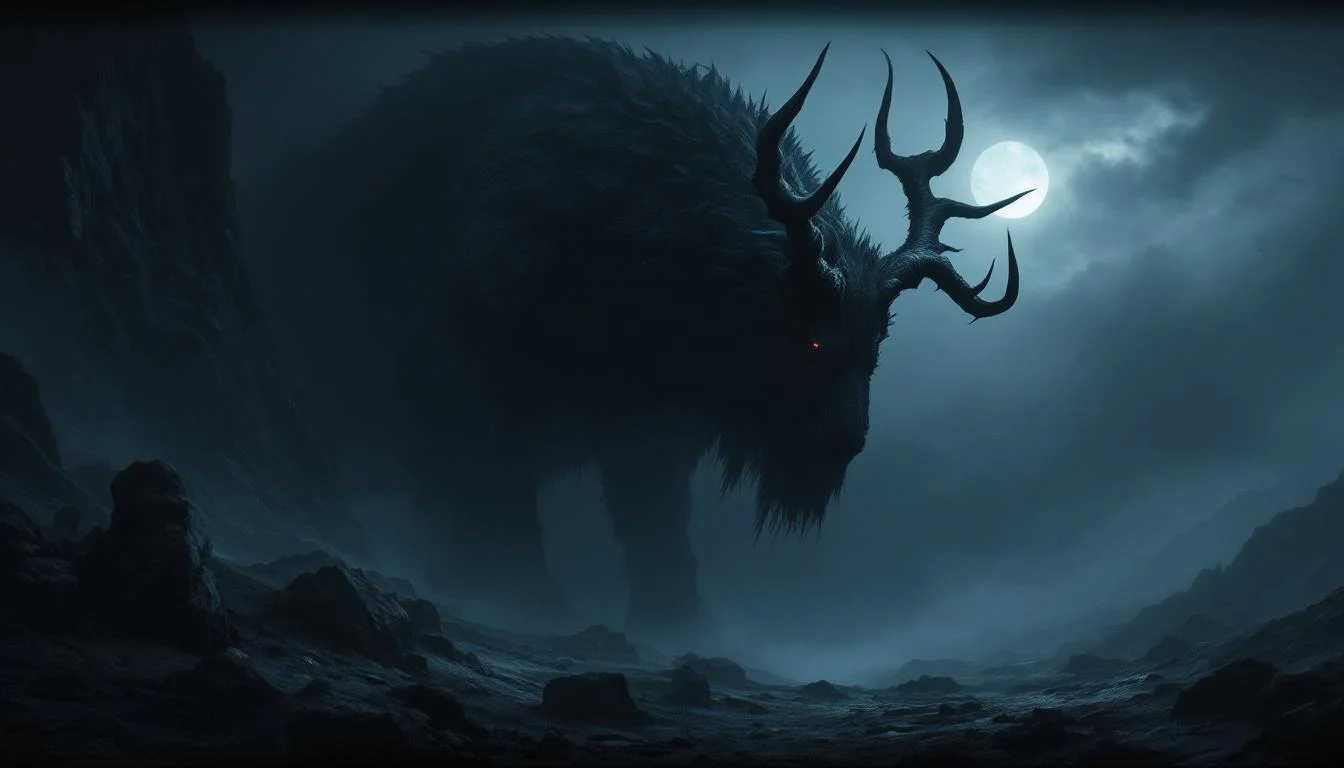 A massive horned beast with branching antlers silhouetted against the moon in a mountain landscape